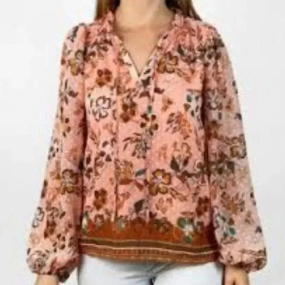 Joie Peach Floral Bohemian Peasant Chiffon Swiss Dot Ruffle Top Tie Blouse XS. - Picture 2 of 16